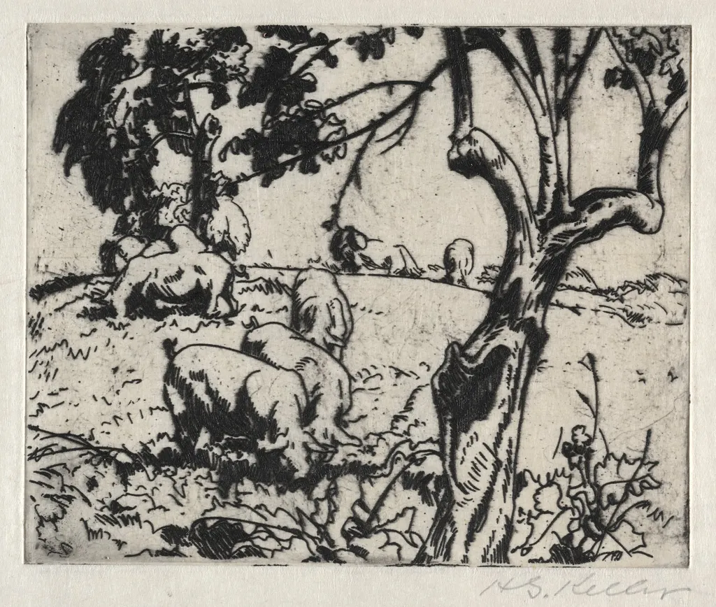Pigs in Orchard, by Henry Keller, 1916