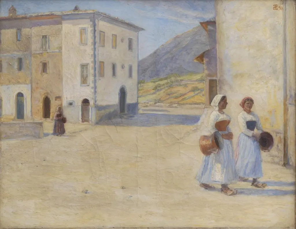 Piger på vej til brønden efter vand ved middagstid. Cività d'Antino, by Henry Lørup