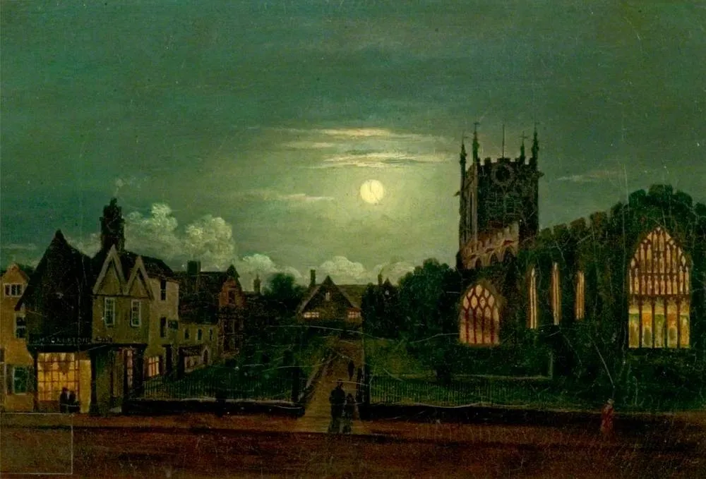 St Peter's Church, Derby, by Moonlight, by Henry Lark Pratt, oil, 1860