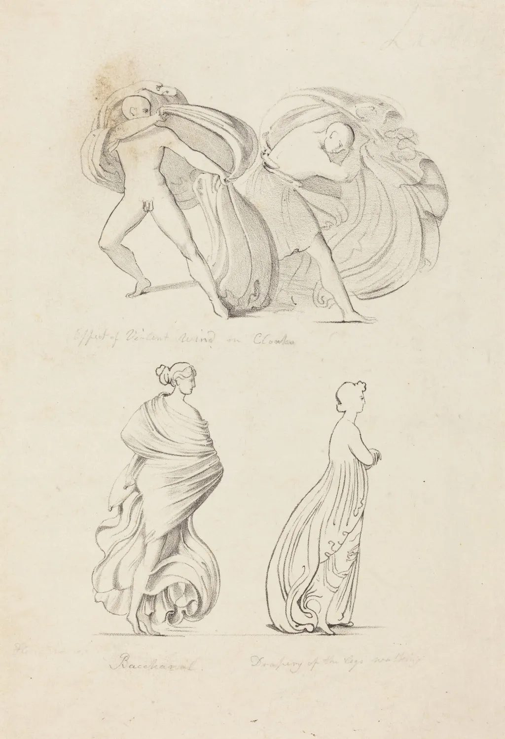 Drapery, Three Figures, a Bacchante and Two From Nature, by Henry Noel Humphreys, ink, 1829