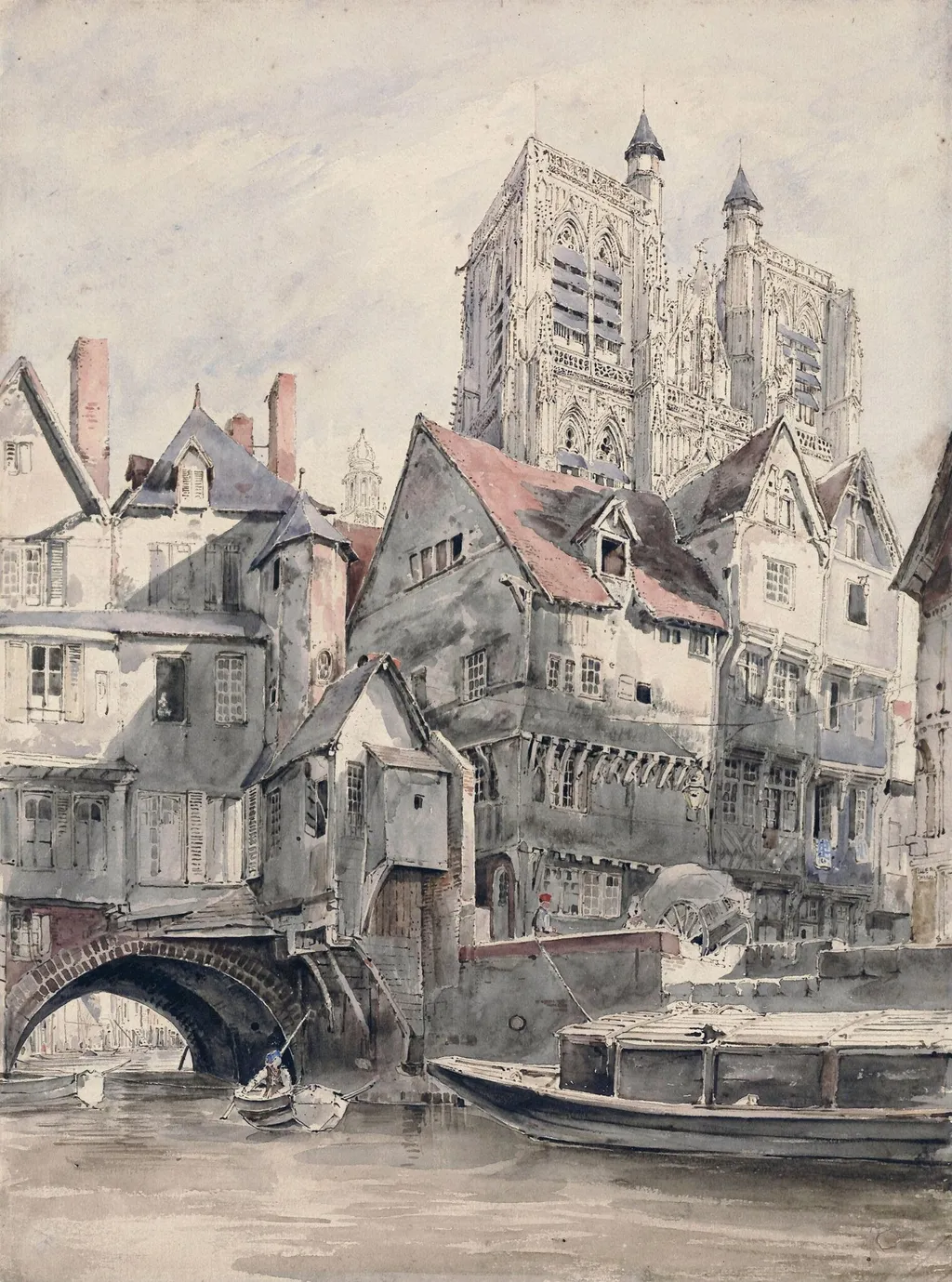 Abbeville, with the Bridge and Towers of St. Wulfran, by Henry RA Edridge, watercolor, 1818