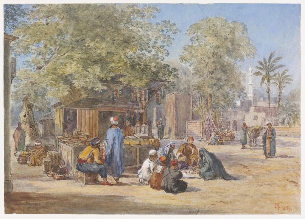 Egyptian Village Scene, by Henry RI Pilleau, watercolor, 1869
