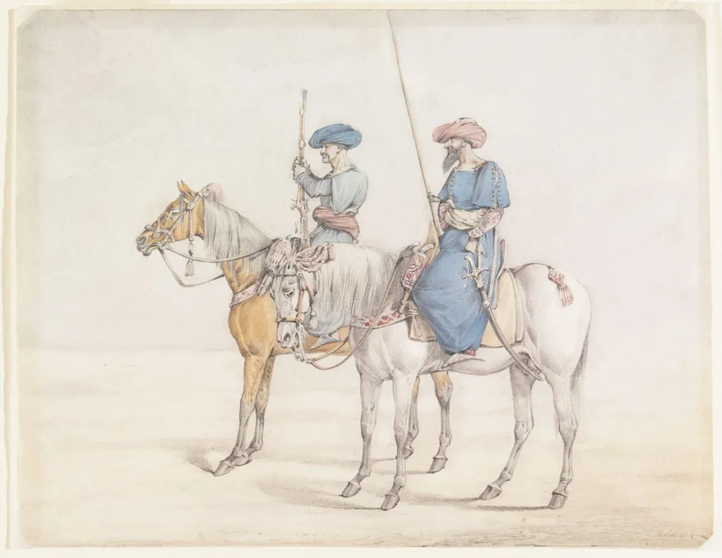 Two armed figures on horseback, probably Mamluks, by Henry Thomas Alken, watercolor, 1828