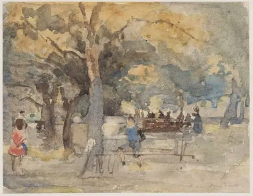 Scene in a park with two children playing, by Henry Tonks
