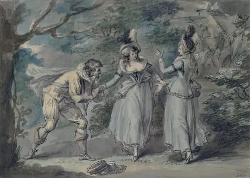 A Cavalier and two ladies in a landscape, by Henry William Bunbury