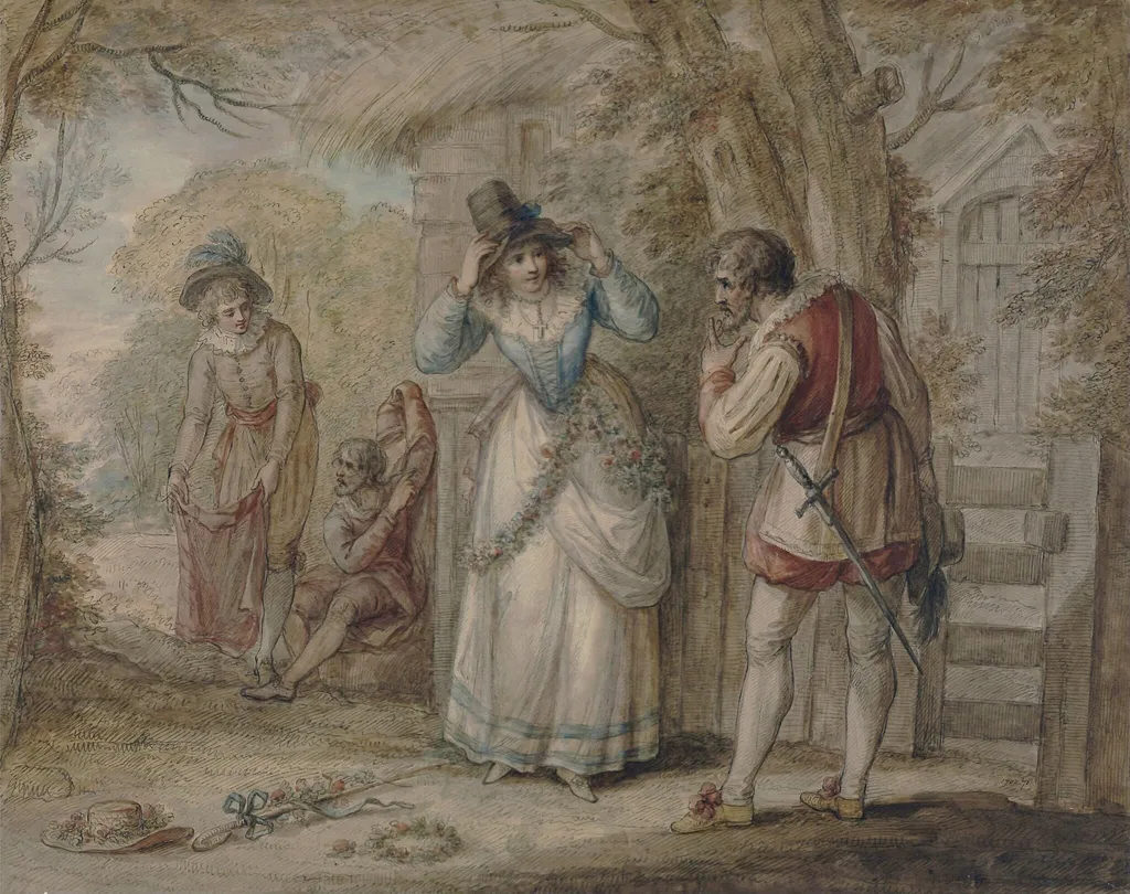 Florizel and Autolycus changing garments, by Henry William Bunbury, watercolor, 1770