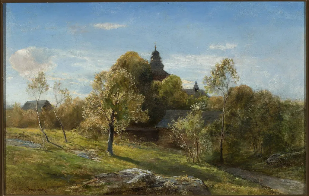 Landscape with a church hidden behind the trees, by Henryk Grabiński, oil, 1883