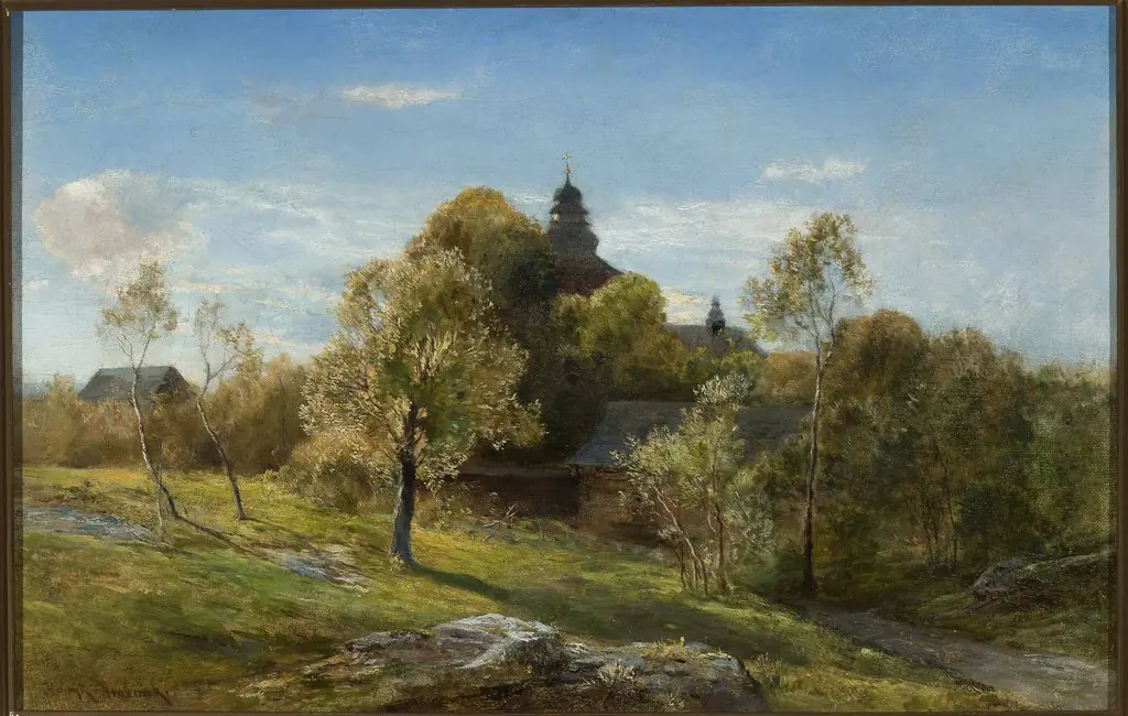 Landscape with a church hidden behind the trees, by Henryk Grabiński