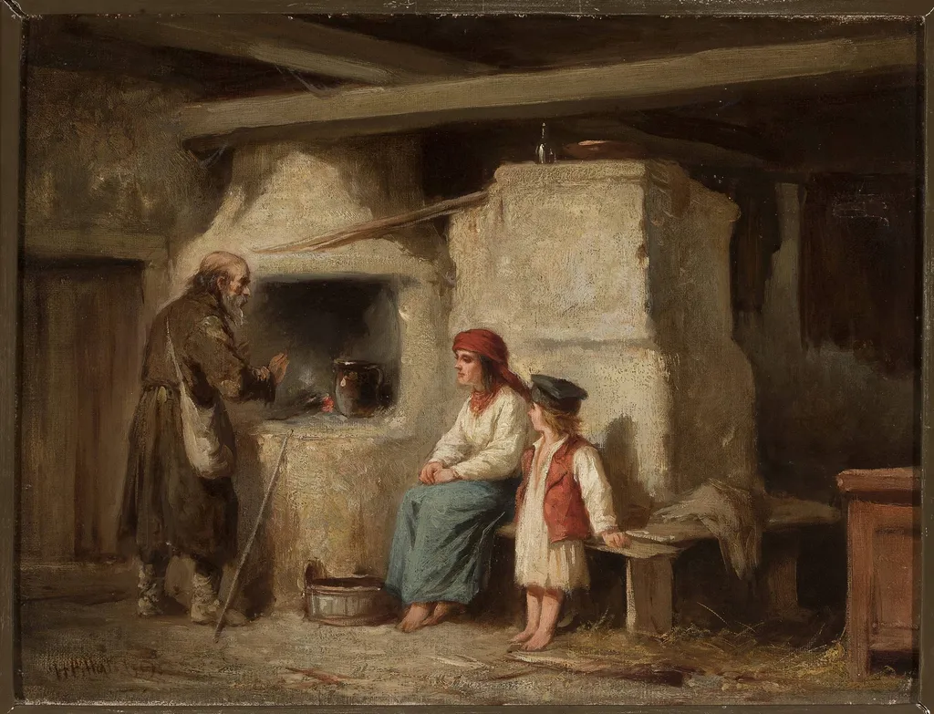 In a peasant cottage, by Henryk Pillati, oil, 1873