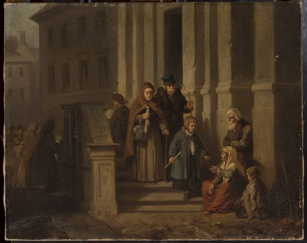 In front of the church, by Henryk Pillati, oil, 1862