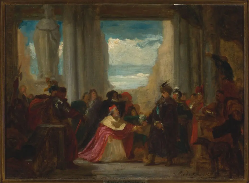 Count Wilczek beseeching king John Sobieski to help Vienna against the Turks, sketch, by Henryk Rodakowski