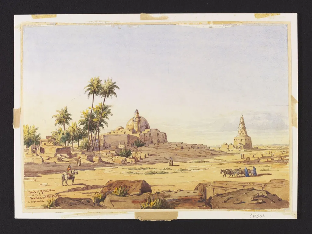 Tomb of Zobeida wife of Haroon ool Rashid in distance, by Herbert, C., watercolor, 1850