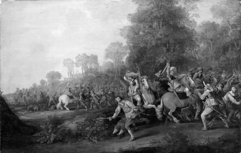 Skirmish between Horsemen and Foot-Soldiers, by Herman Doncker, oil, 1636