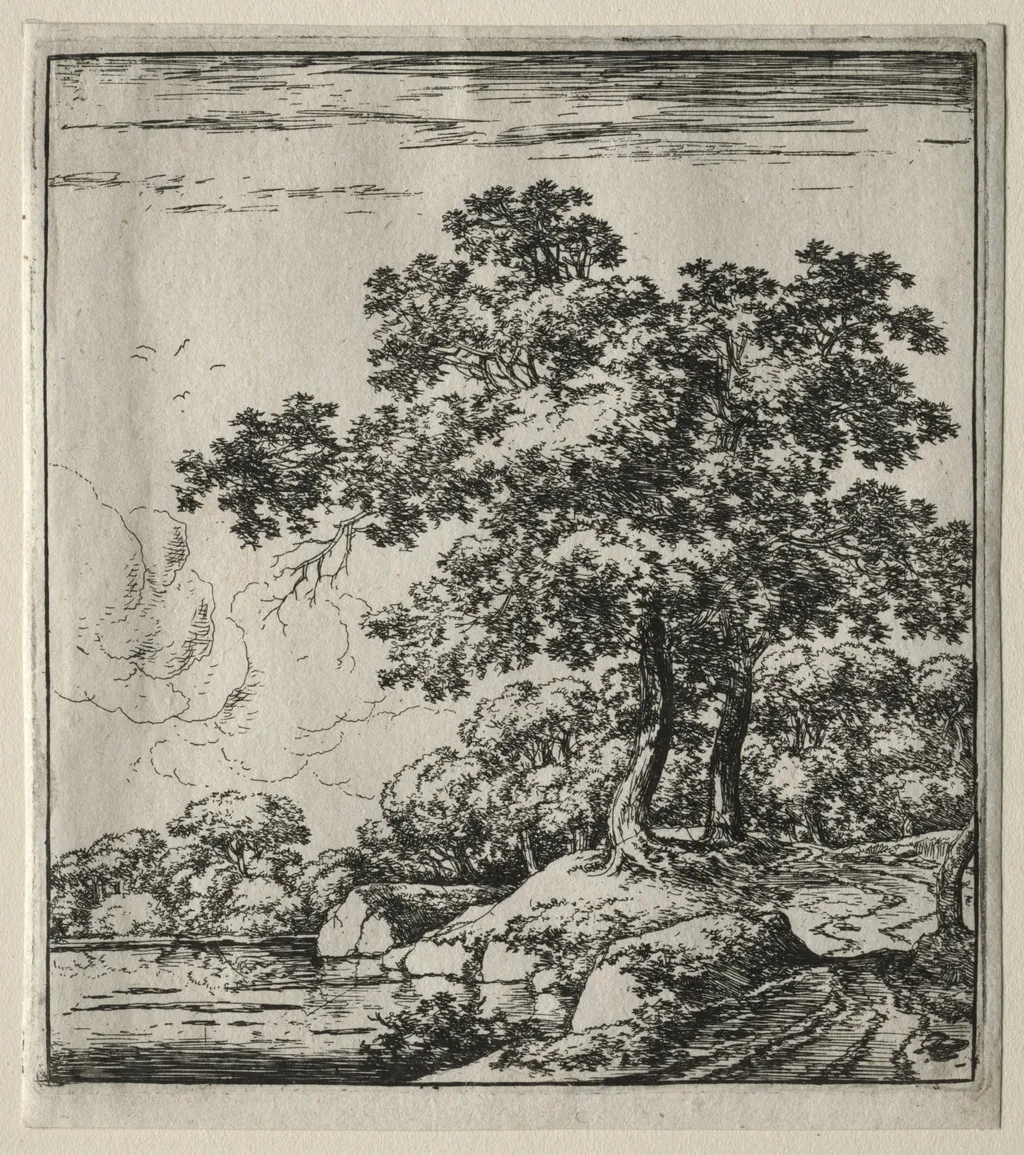 Les deux grands arbres près de la rivière, by Herman Naiwinx, 1646