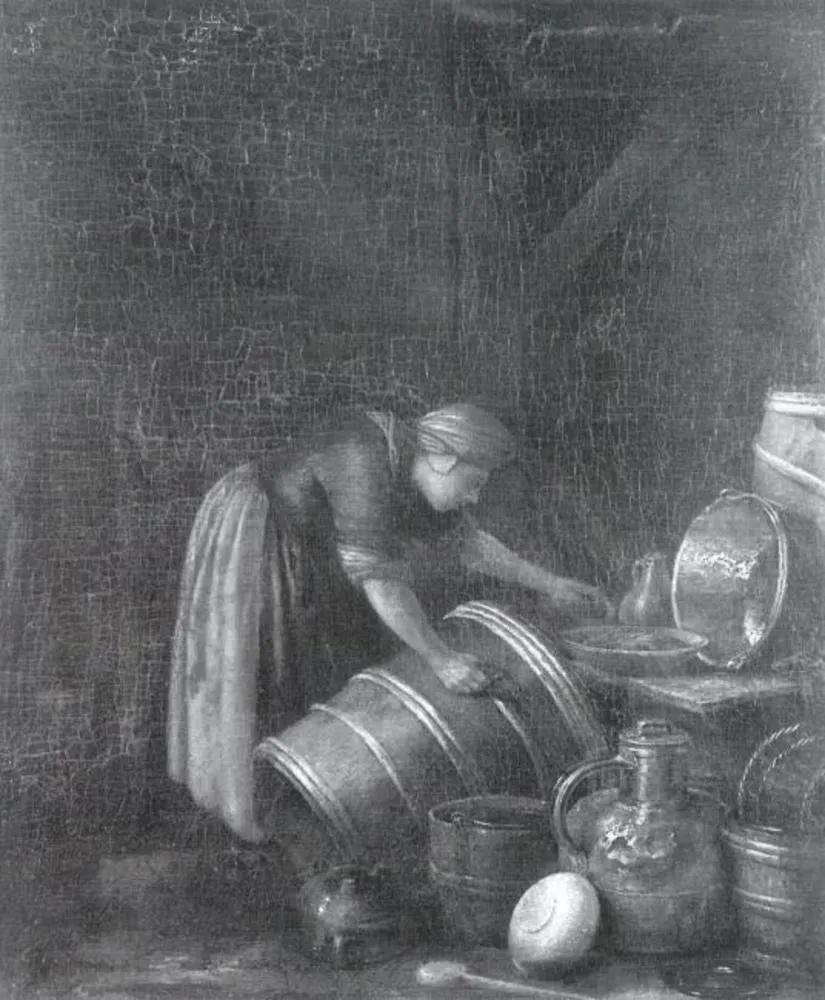 A Woman Scouring a Kitchen Pot, by Herman Saftleven, oil, 1654
