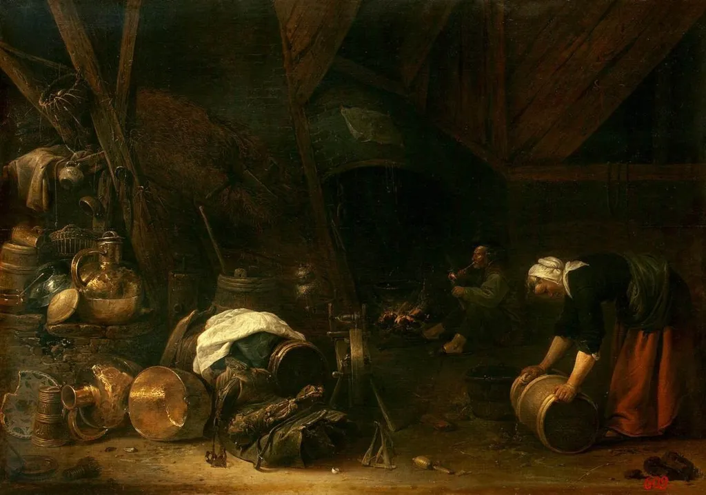 Interior of a Peasant Hut, by Herman Saftleven, oil, 1634