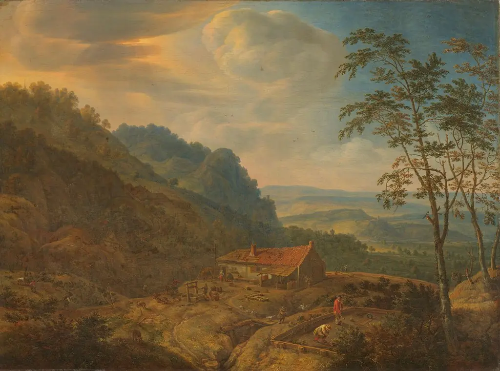 Mountainous lanscape with farm, by Herman Saftleven