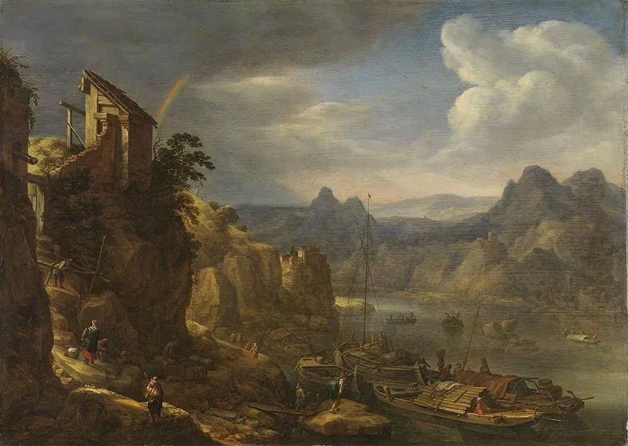 River landscape with rainbow, by Herman Saftleven, oil, 1667