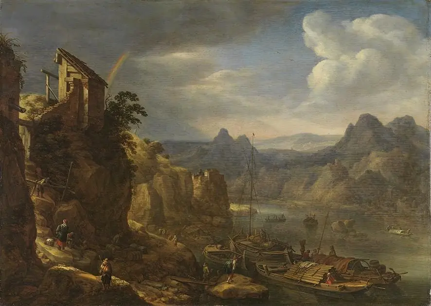 River landscape with rainbow, by Herman Saftleven