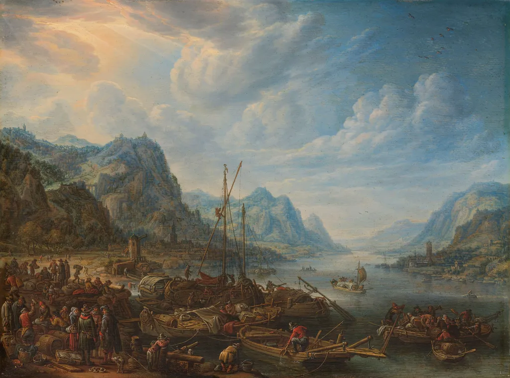 River view with landing stage, by Herman Saftleven, oil