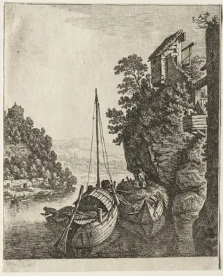 Two Boats moored under a rock, by Herman Saftleven, 1667