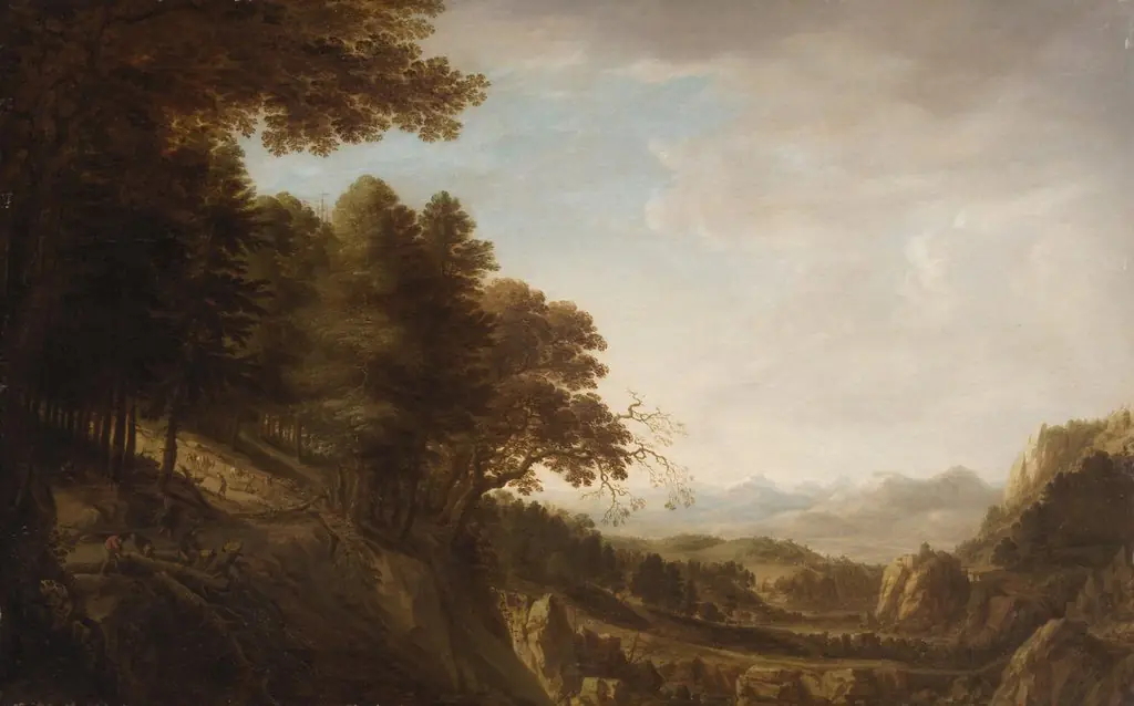 Wooded mountain landscape with lumberjacks, by Herman Saftleven