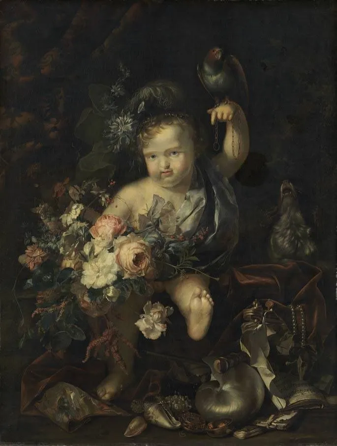 Cherub with Flowers and Parrot, by Herman van der Mijn, oil, 1713