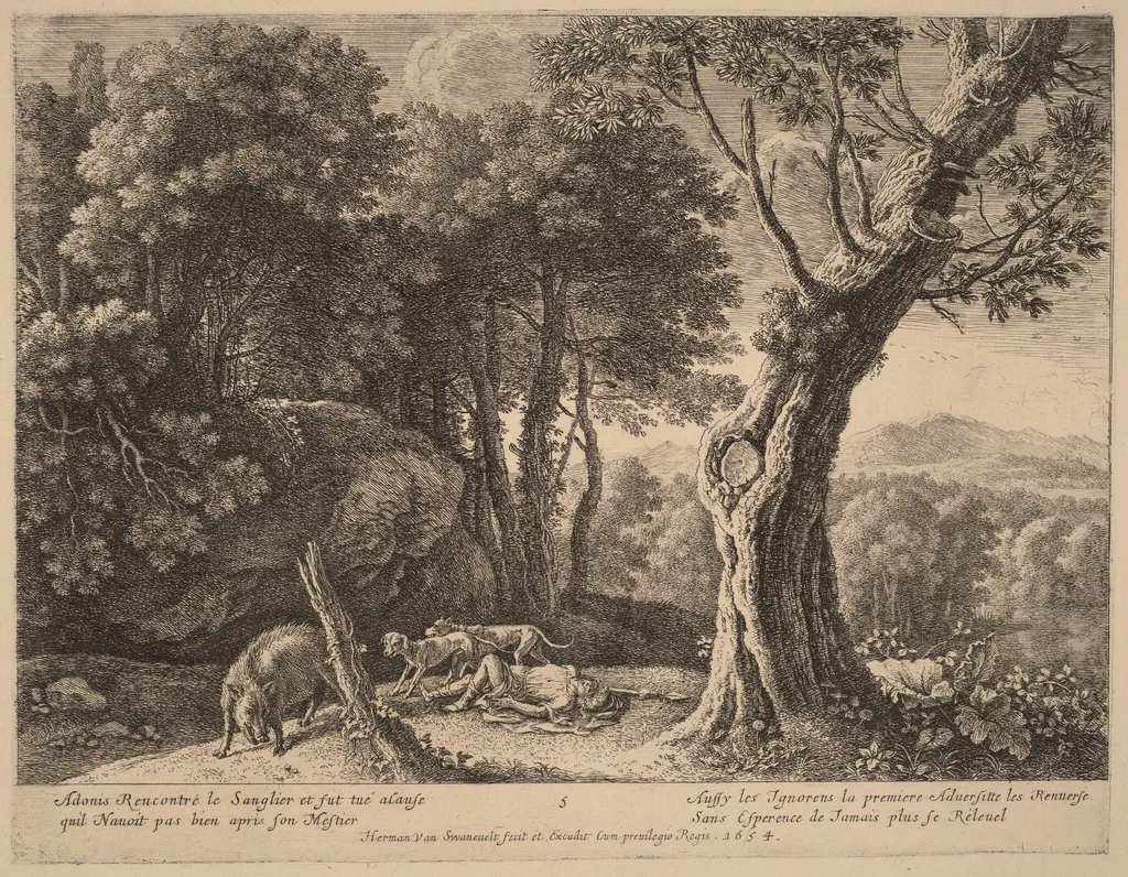 Death of Adonis, by Herman van Swanevelt, ink, 1628