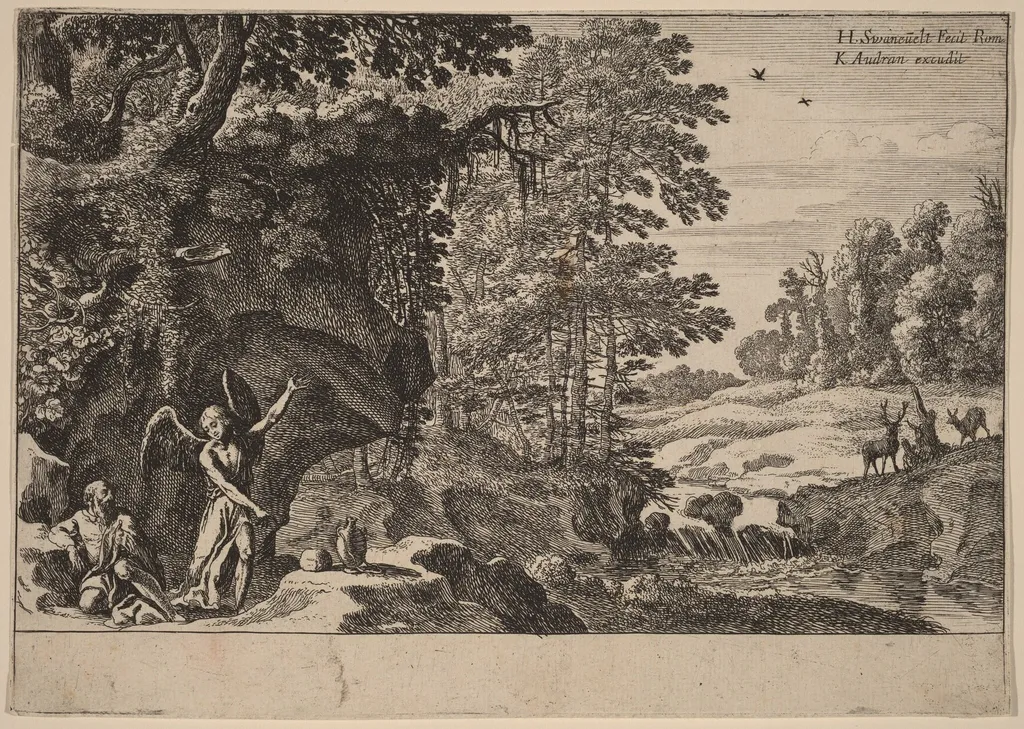 Elijah in the Wilderness, by Herman van Swanevelt, ink, 1628