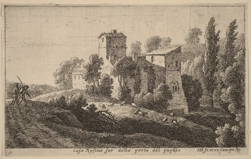 Farm beyond the Porta del Popolo, by Herman van Swanevelt, ink, 1628