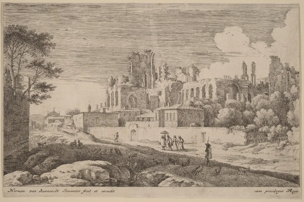 Landscape with Ruins and a Woman with a Parasol, by Herman van Swanevelt, ink, 1628