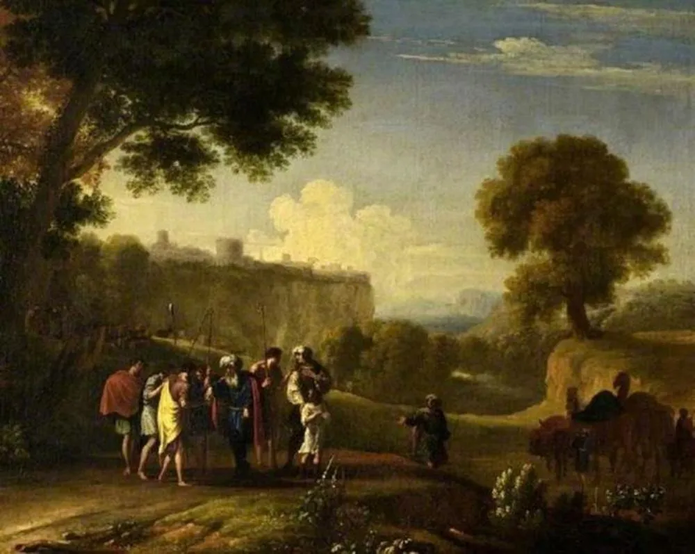 Landscape with the sale of Joseph, by Herman van Swanevelt, oil, 1635