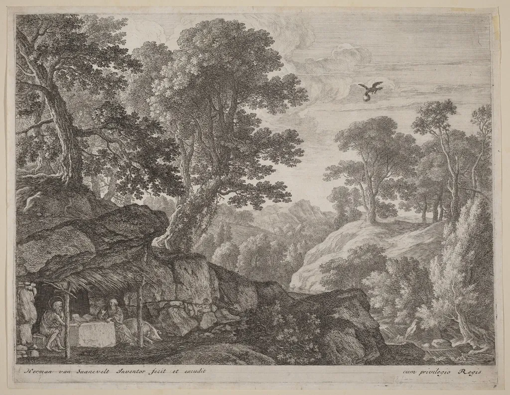 Saint Paul and Saint Anthony by the Entrance to the Cave, by Herman van Swanevelt, ink, 1628