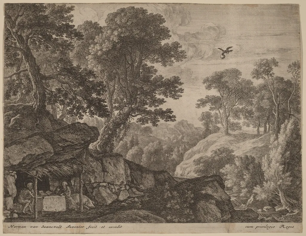 Saints Paul and Anthony by the Entrance to a Cave, by Herman van Swanevelt, ink, 1628