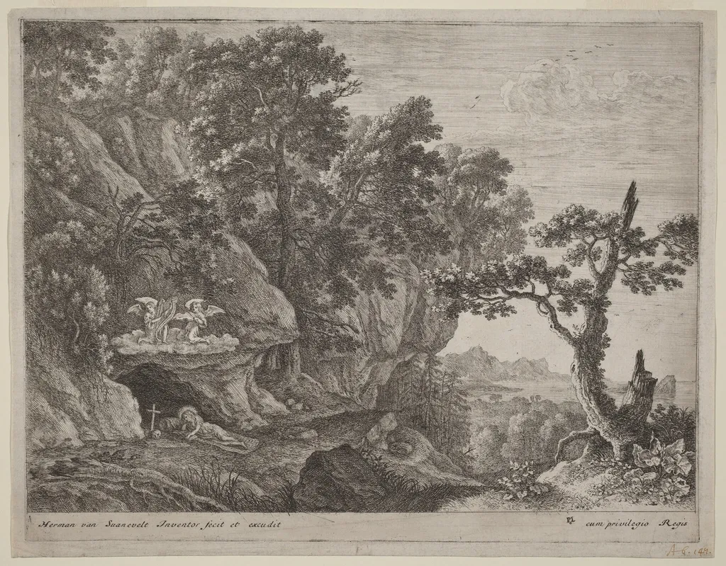 The Repentant Magdalene in a Landscape, by Herman van Swanevelt, ink, 1628