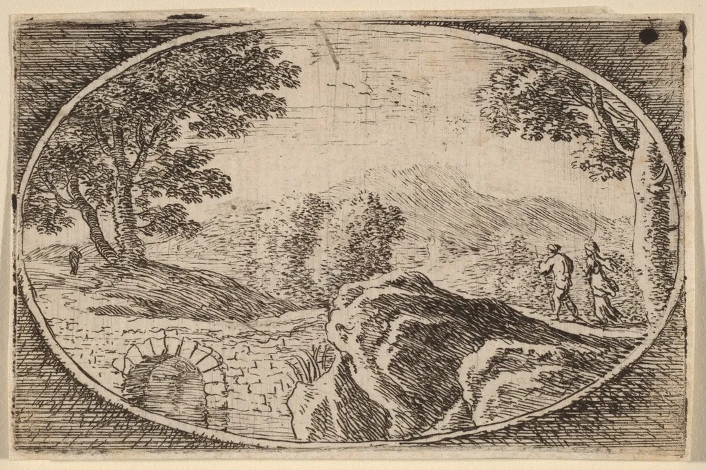 Two Figures near a Small Stone Bridge, by Herman van Swanevelt, ink, 1628