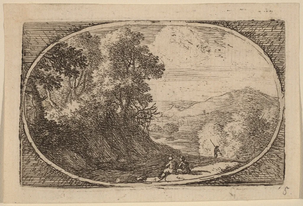 Two Figures Seated to the Right of a Road, by Herman van Swanevelt, ink, 1628