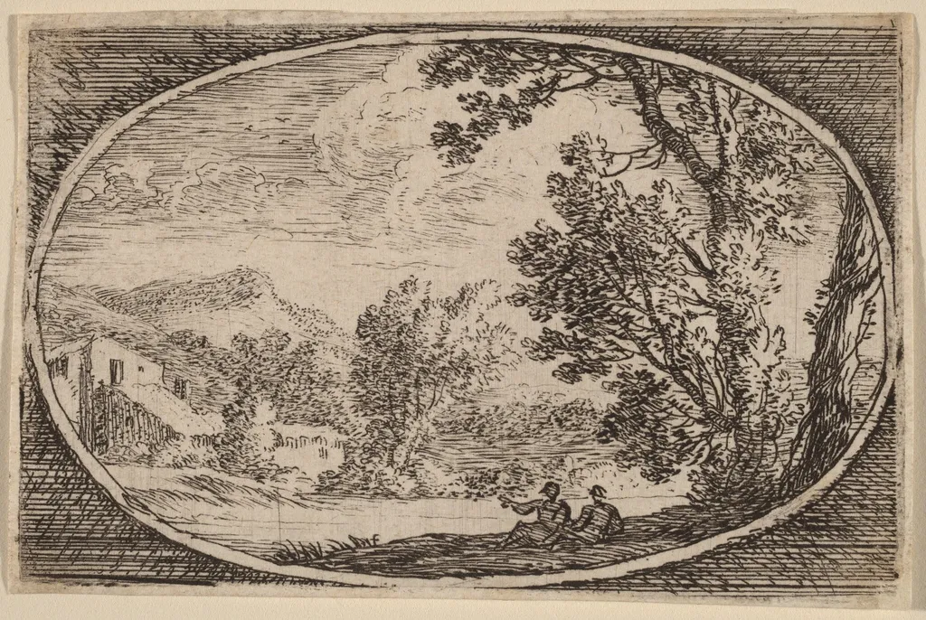 Two Men Seated Near the Waterside, by Herman van Swanevelt, ink, 1628