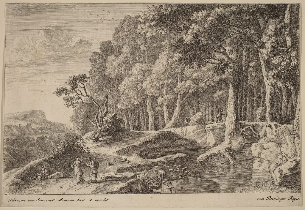 Woods Bordered by a Stream, by Herman van Swanevelt, ink, 1628