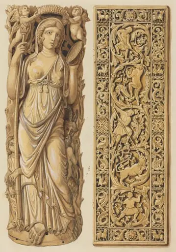Renderings of an Ivory Carving of Ariadne from the 6th Century and an Ivory Plaque from the 9th Century, by Herman Wilhelm Soltau, 1836