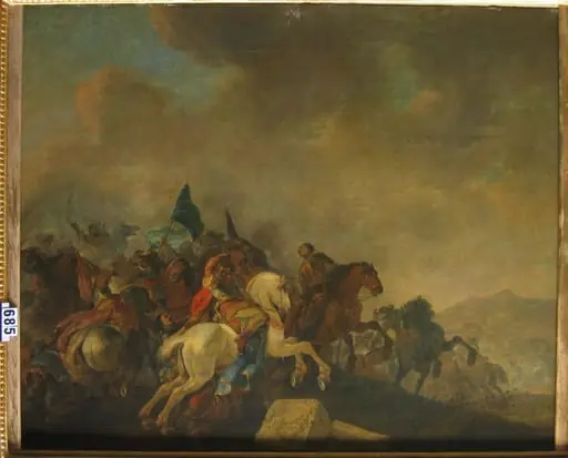 Luptă de cavalerie lângă pietre antice (în Reg. Inv.: Luptă de cavalerie între pietre antice) (pandant: Luptă lângă o cetate, în Reg. Inv: Atac dintr-o cetate), by Herman, zis Stillheid Van Lin