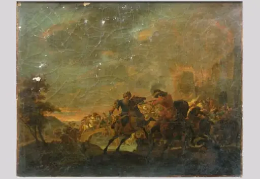 Luptă lângă o cetate (în Reg. Inv.: Atac dintr-o cetate) (pandant: Luptă de cavalerie lângă pietre antice, în Reg. Inv.: Luptă de cavalerie între pietre antice), by Herman, zis Stillheid Van Lin