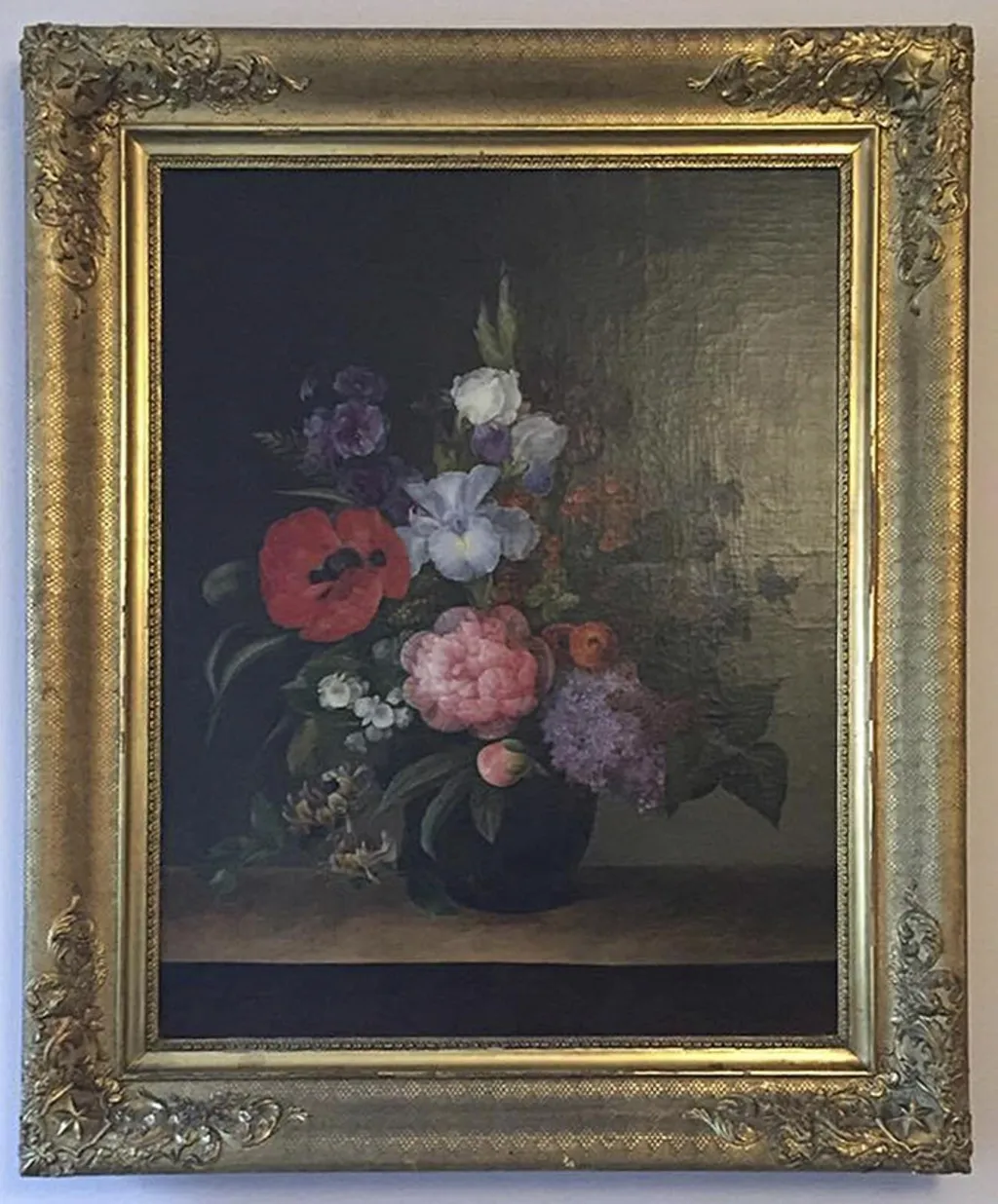 Blomsterbuket med valmue, syren og kaprifolium, by Hermania Neergaard, oil, 1841
