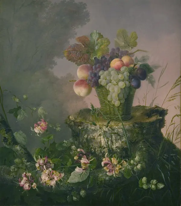 Blomsterkurv med frugt ved en træstub, by Hermania Neergaard