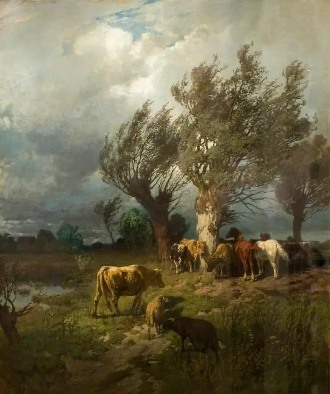 Horses and Cattle in a Storm, by Hermann Baisch