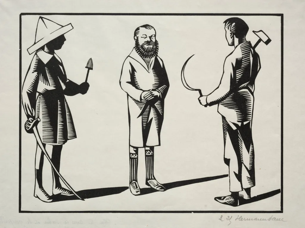 Moi! je tiens le sabre, et le goupillon; toi la faucille, le marteau et ler pastel. C'est la barbe., by Hermann-Paul, 1924