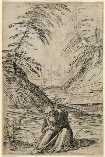 Desert Landscape with a Hermit (verso), by Hermann Weyer