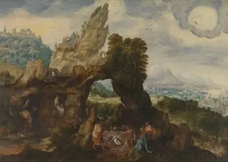 Berglandschap met de prediking van Johannes de Doper, by Herri met de Bles, 1537