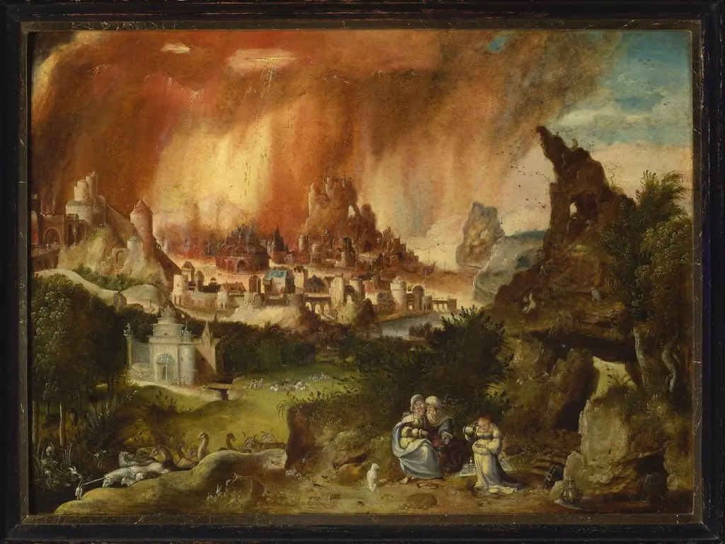 Fire of Sodom, Lot with his daughters, by Herri met de Bles