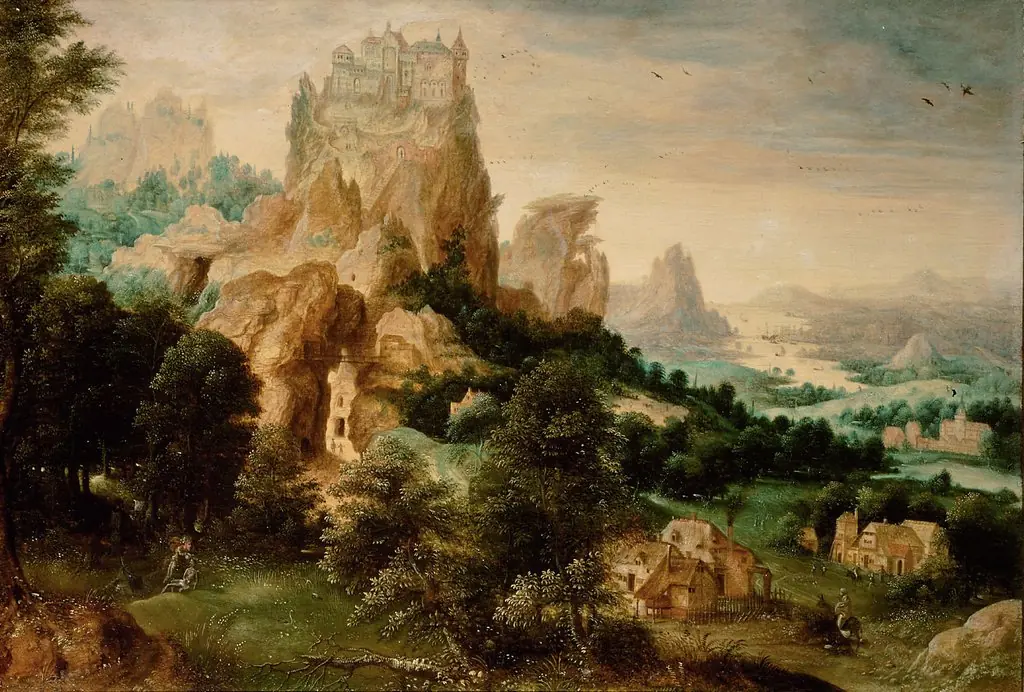Hilly landscape with the story of the Good Samritan  (Luke 10:25-37), by Herri met de Bles